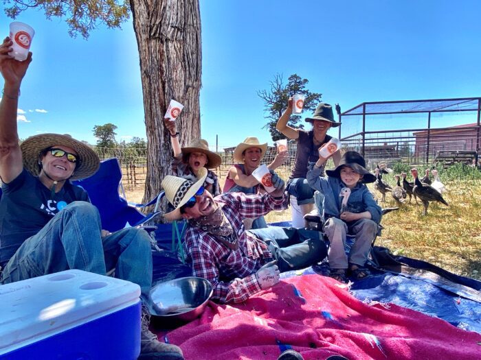 A family picnic lifting cups