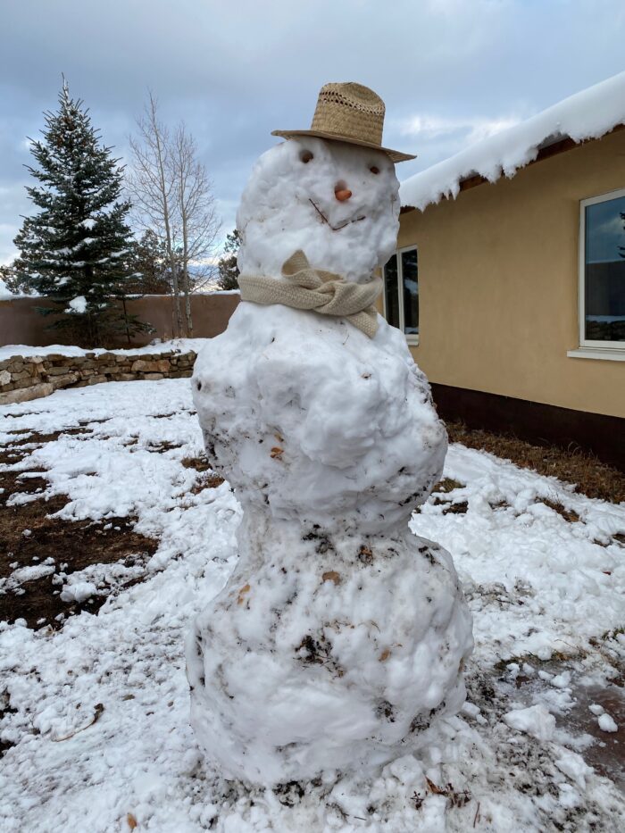 A snowman with a hat and scarf