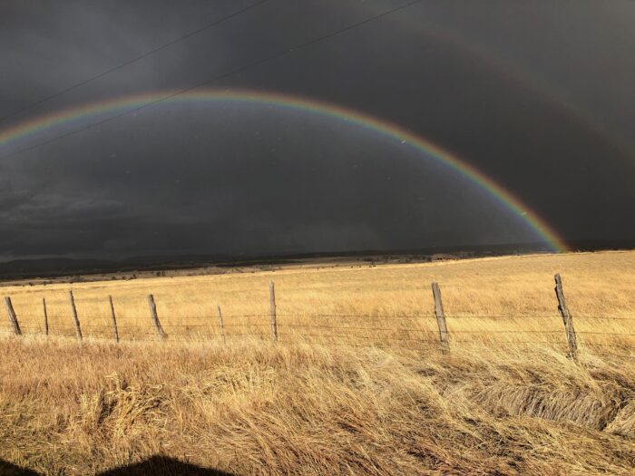 A rainbow beneath a dark sky